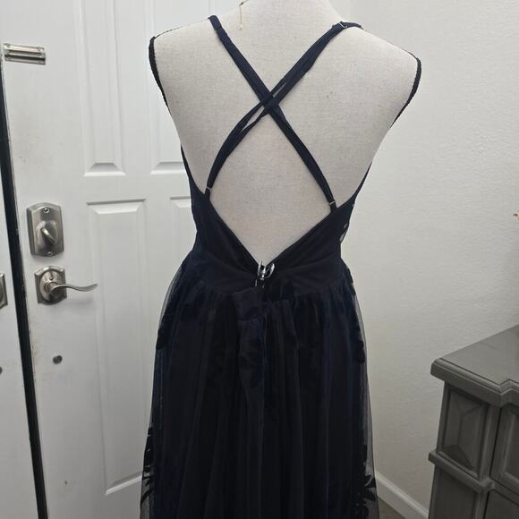 Women’s Navy Mesh Floral Burnout Cocktail Maxi Dress M Romantic Elegant Evening - Picture 7 of 13